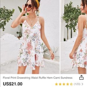 Floral print drawstring waist ruffle hem sundress